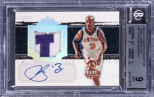 2003-04 UD "Exquisite Collection" Noble Nameplates #ST Stephon Marbury Signed Patch Card (#19/25) - BGS MINT 9/BGS 10